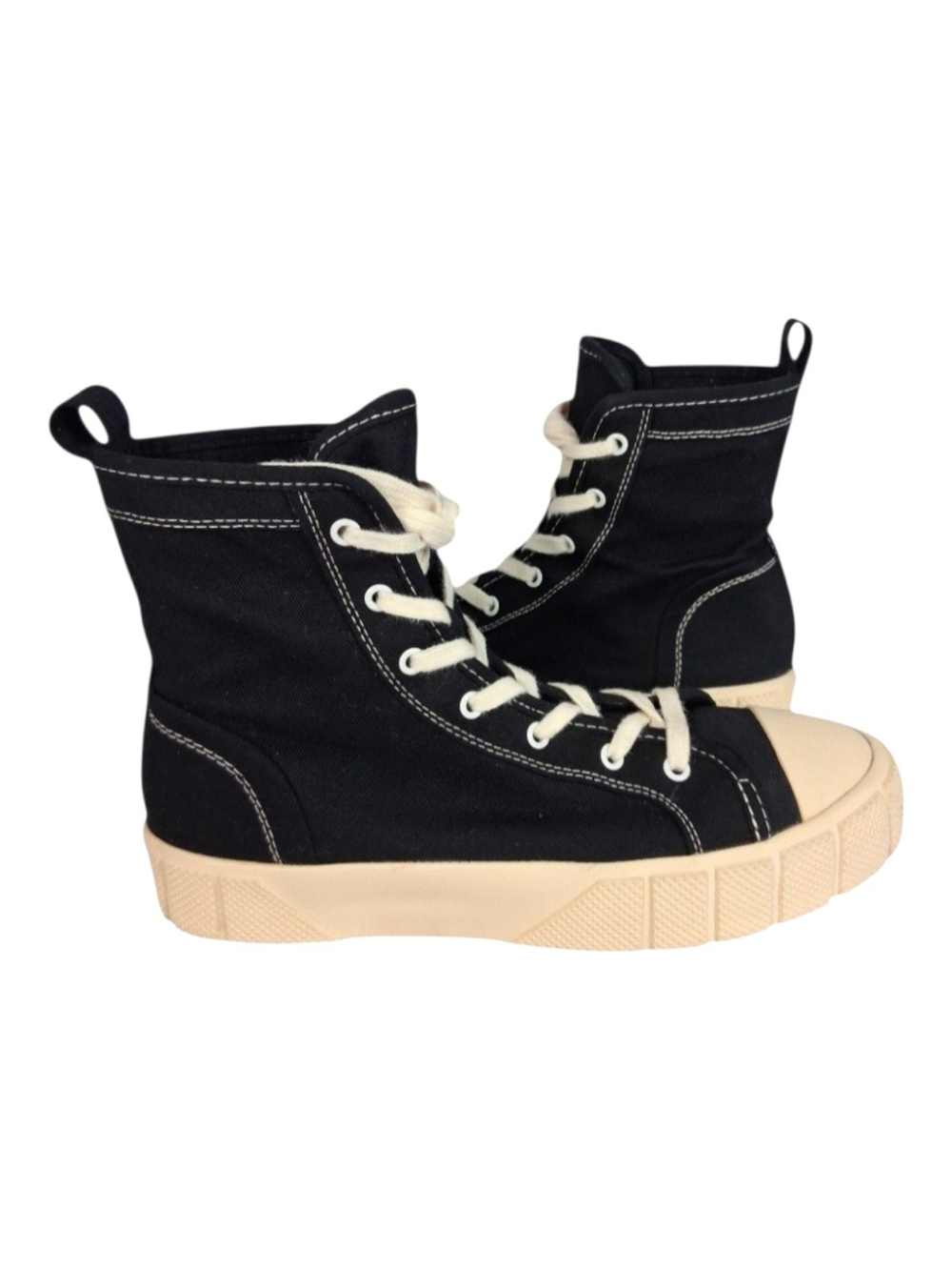Zara Womens 39 US 8.5 Black/Creme Canvas Hi-Top Lace Up Combat Platform Sneakers